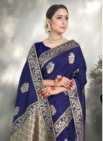 Navy Blue Weaving Kanjivaram Silk Contemporary Saree