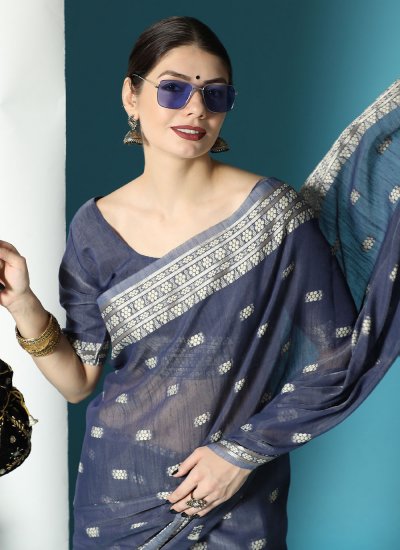 Navy Blue Woven Lucknowi Classic Saree