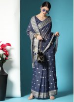 Navy Blue Woven Lucknowi Classic Saree