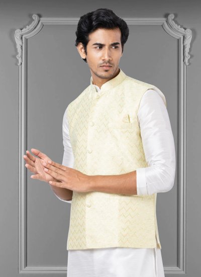 Nehru Jackets Embroidered Linen in Yellow