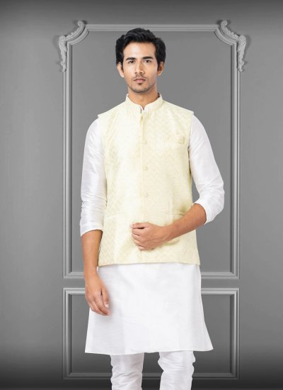 Nehru Jackets Embroidered Linen in Yellow