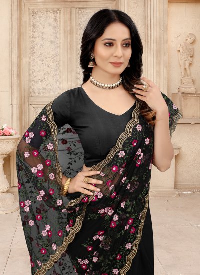 Net Contemporary Style Saree in Black