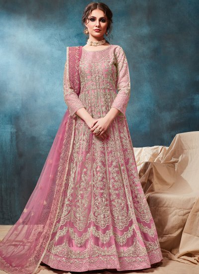 Net Embroidered Anarkali Salwar Kameez in Pink