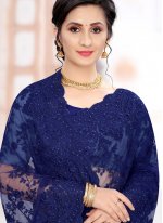 Net Embroidered Blue Classic Saree