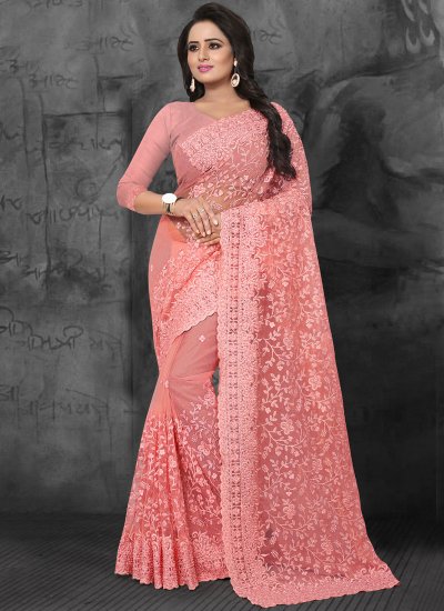 Net Embroidered Classic Saree in Pink