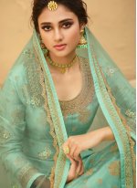 Net Embroidered Designer Palazzo Suit in Sea Green