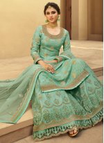 Net Embroidered Designer Palazzo Suit in Sea Green