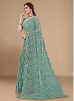 Net Embroidered Green Classic Saree
