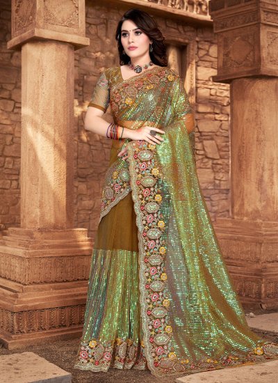 Net Embroidered Green Contemporary Style Saree