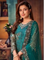 Net Embroidered Layered Salwar Suit in Teal
