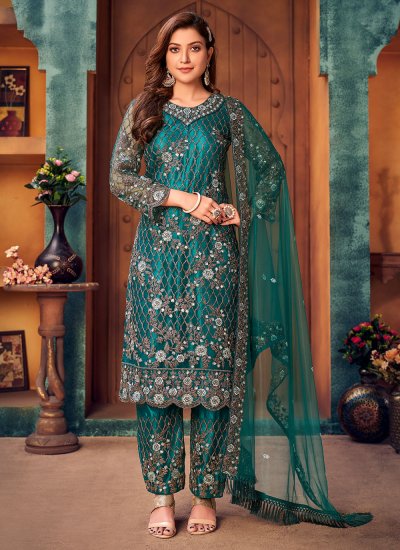 Net Embroidered Layered Salwar Suit in Teal