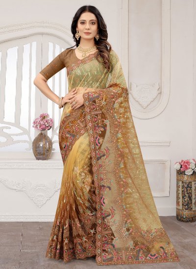 Net Embroidered Saree in Brown and Yellow