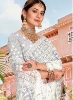 Net Embroidered White Classic Saree
