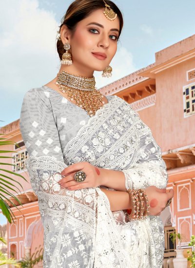 
                            Net Embroidered White Classic Saree