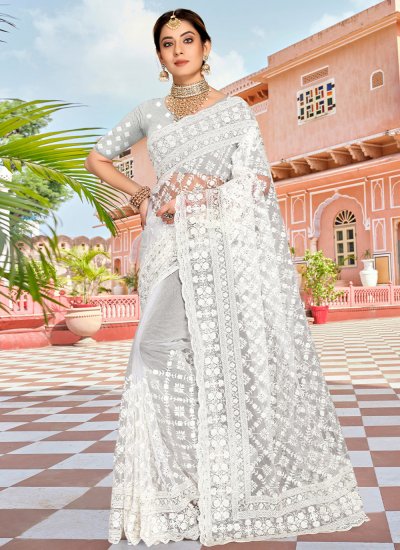 Net Embroidered White Classic Saree