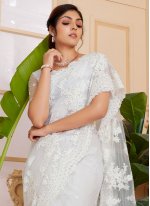 Net Embroidered White Contemporary Saree