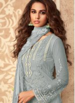 Net Grey Embroidered Designer Palazzo Suit