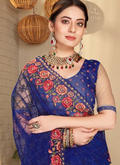 Net Navy Blue Embroidered Classic Saree
