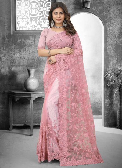 Net Pink Embroidered Contemporary Saree