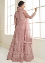 Net Pink Embroidered Floor Length Anarkali Suit