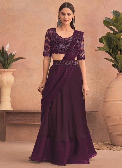 Net Plain Purple Lehenga Style Saree