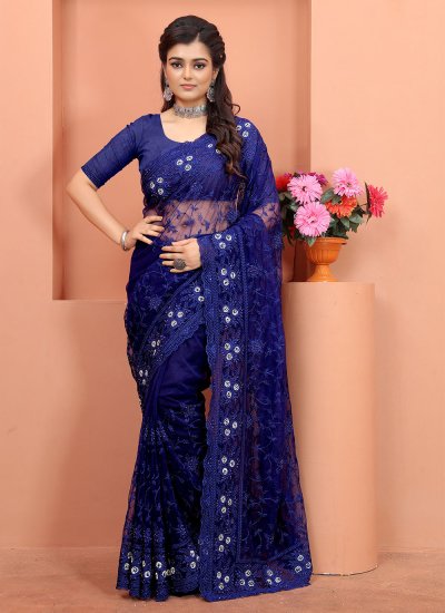Net Resham Contemporary Saree in Blue