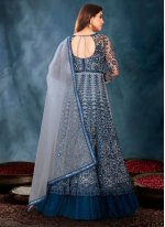 Net Resham Designer Floor Length Salwar Suit in Blue