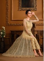 Net Resham Floor Length Anarkali Suit in Cream