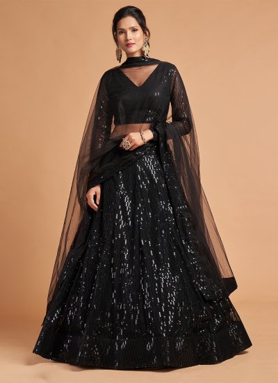 Net Sequins Designer A Line Lehenga Choli in Black