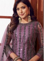 Net Sequins Designer Salwar Suit in Lavender