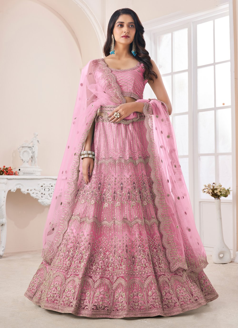 Shop Online Cream and Pink Silk Lehenga Choli with Embroidered, Resham and  Zari Work : 273332 -