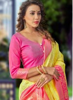 Nice Weaving Silk Pink and Yellow Traditional Designer Saree