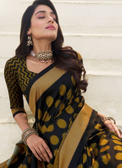 Noble Digital Print Silk Black and Gold Trendy Saree