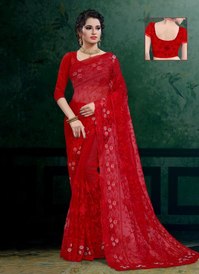 Noble Embroidered Net Red Designer Saree