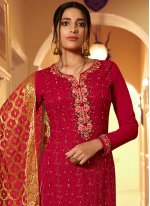 Noble Faux Georgette Embroidered Red Designer Palazzo Suit