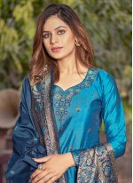 Observable Banarasi Silk Blue Woven Designer Salwar Suit