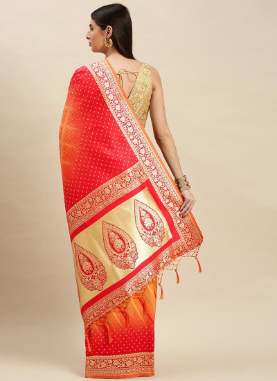 Observable Weaving Banarasi Silk Orange and Pink Designer Traditional Saree