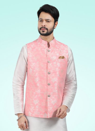Off White and Pink Banarasi Jacquard Ceremonial Kurta Payjama With Jacket