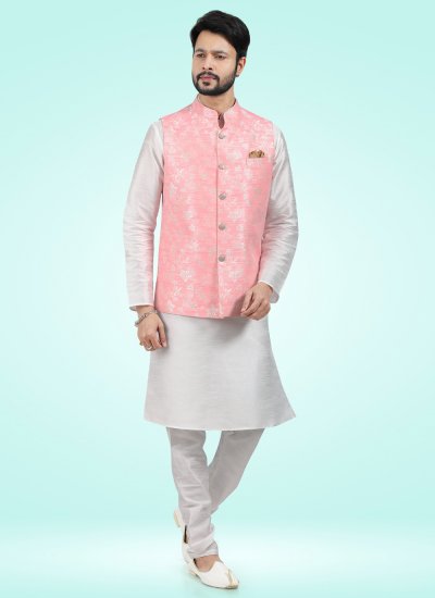 Off White and Pink Banarasi Jacquard Ceremonial Kurta Payjama With Jacket