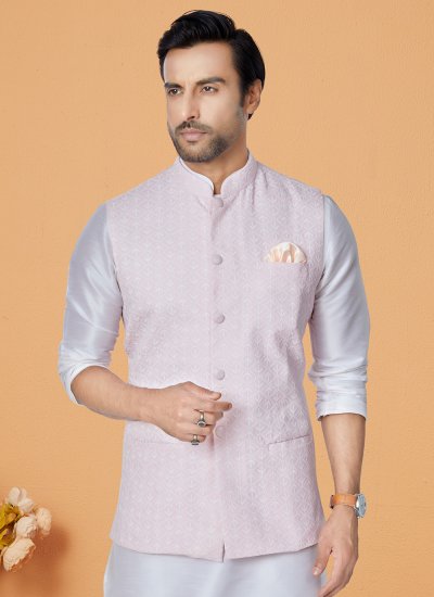 Off White and Pink Engagement Banarasi Silk Kurta Payjama With Jacket