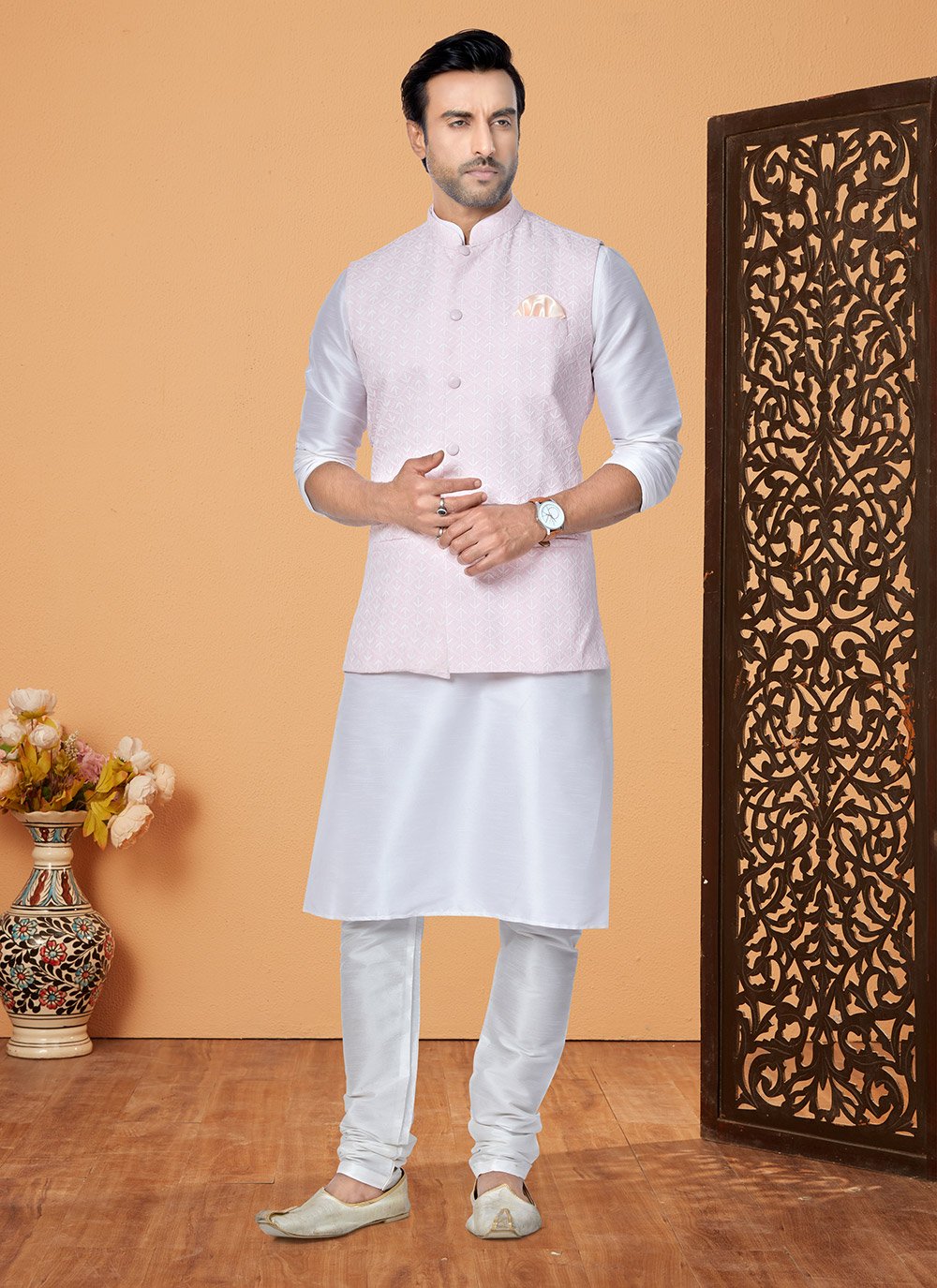 Off White and Pink Engagement Banarasi Silk Kurta Payjama With