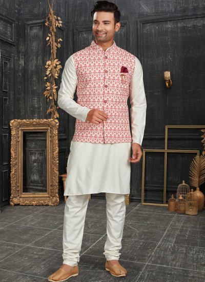 Off White and Pink Festival Cotton Kurta Payjama With Jacket