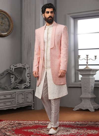 Off White and Pink Lucknowi Embroidered Jacket Style