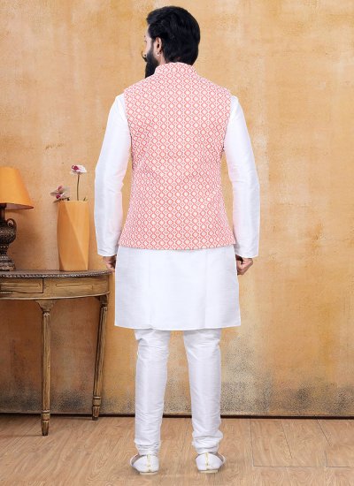 Off White and Pink Mehndi Kurta Payjama With Jacket
