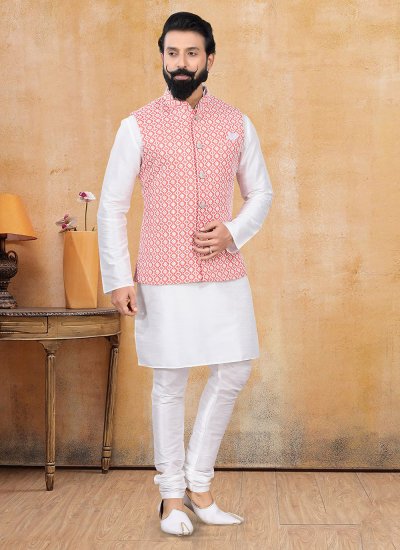 Off White and Pink Mehndi Kurta Payjama With Jacket
