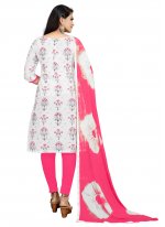Off White and Pink Print Cotton Churidar Suit