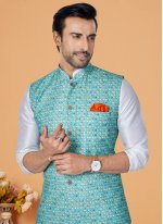 Off White and Rama Mehndi Polyester Kurta Payjama With Jacket