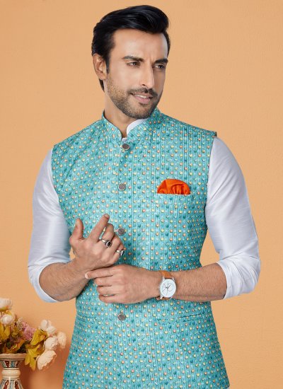 Off White and Rama Mehndi Polyester Kurta Payjama With Jacket