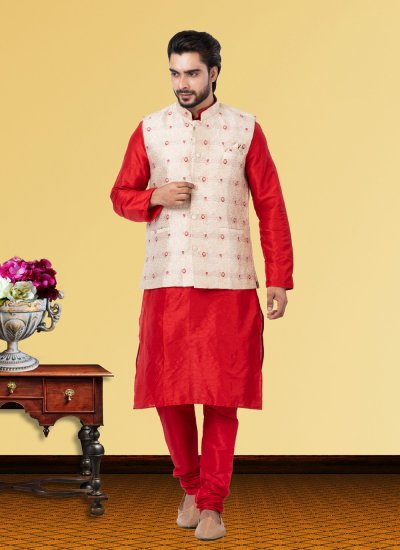 Off White and Red Embroidered Kurta Payjama With Jacket