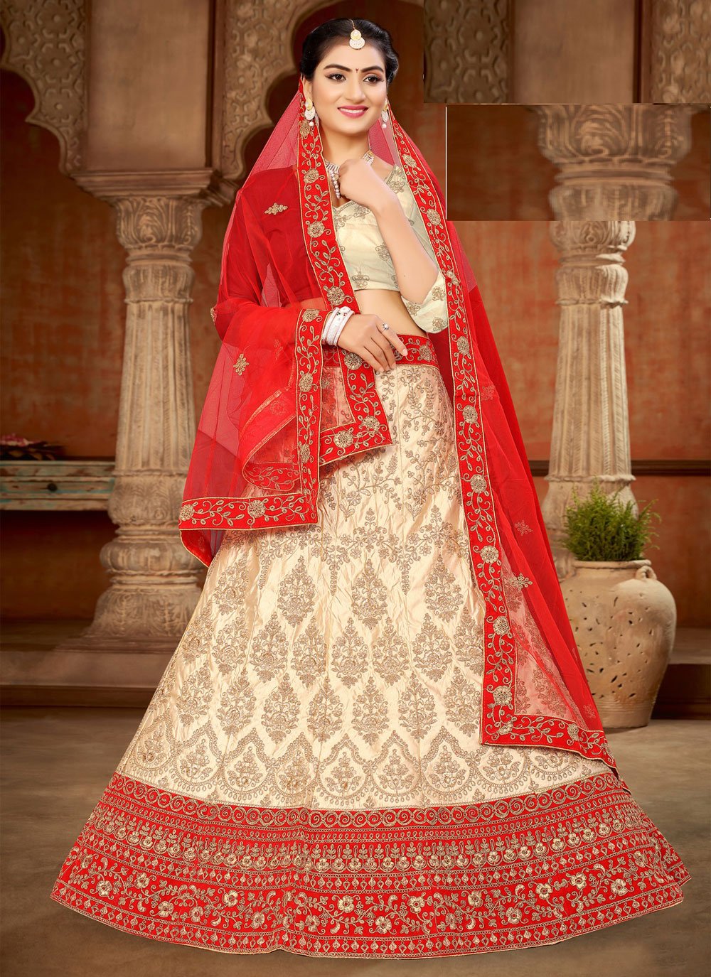 Off White And Red Net Designer Lehenga Choli | Designer lehenga choli,  Contrast dress, Bridal lehenga choli